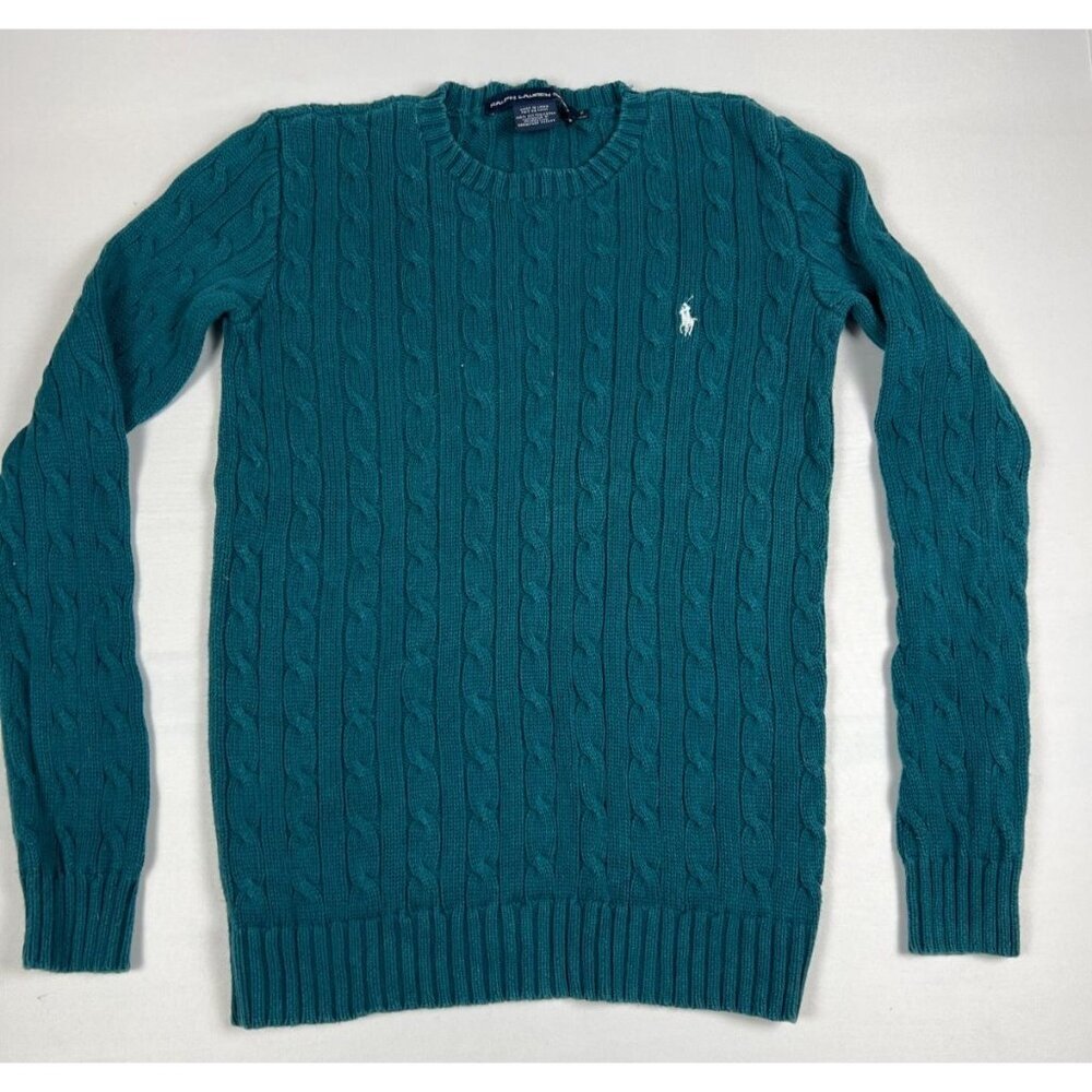 Ralph Lauren Sport Women S Teal Blue Cable Knit Crewneck Sweater Cotton Preppy